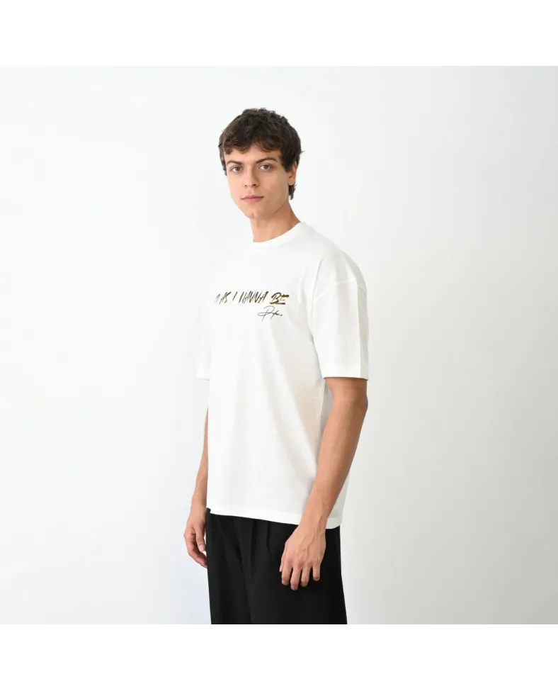 Erkek  Bisiklet Yaka Baskılı Oversize T-Shirt - Beyaz