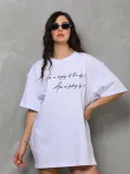 kadın Bisiklet Yaka Baskılı Oversize T-Shirt - Beyaz