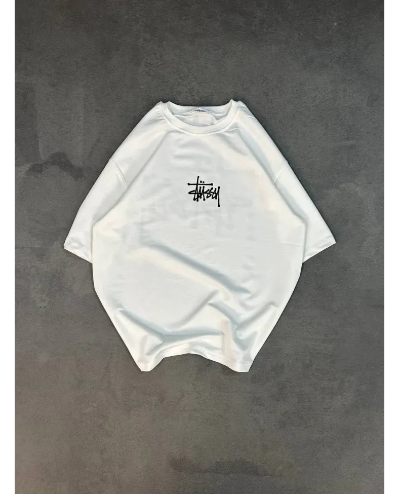 kadın Bisiklet Yaka Baskılı Oversize T-Shirt - Beyaz