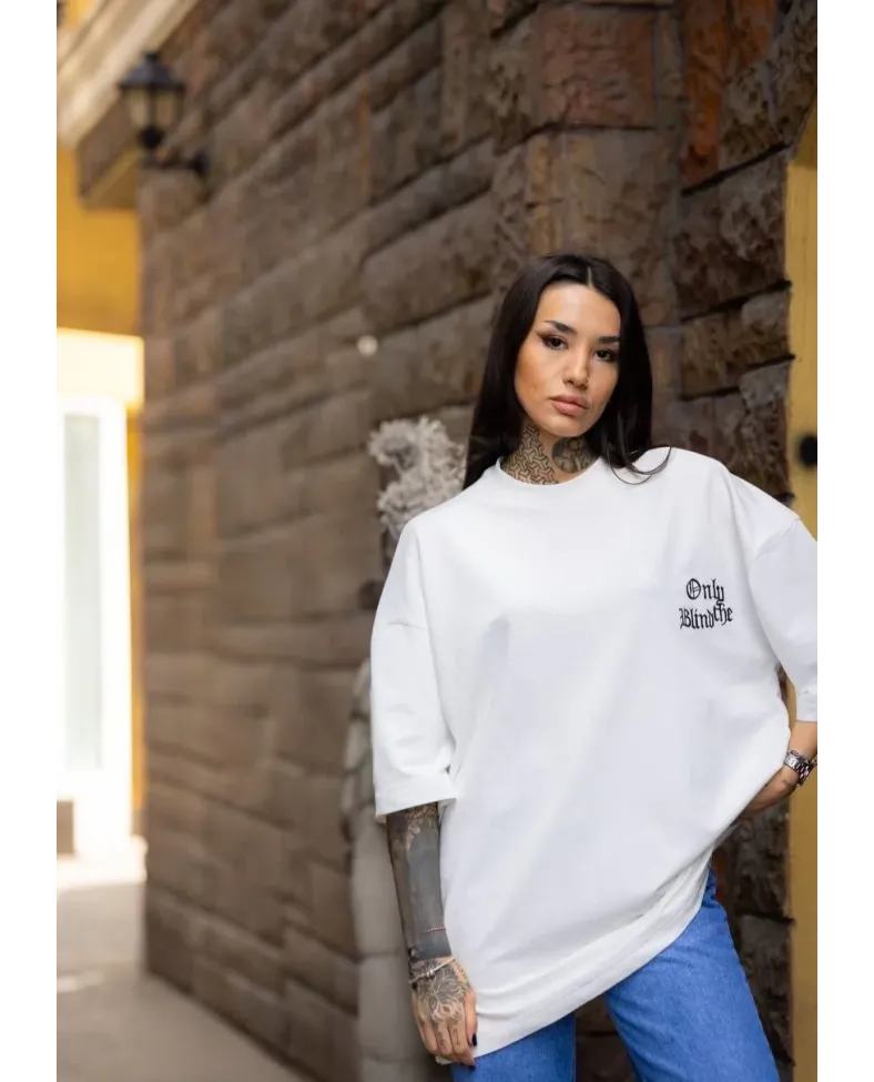 kadın Bisiklet Yaka Baskılı Oversize T-Shirt - Beyaz