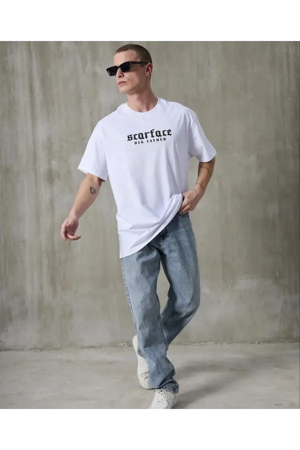 ERKEK Bisiklet Yaka Baskılı Oversize T-Shirt - Beyaz