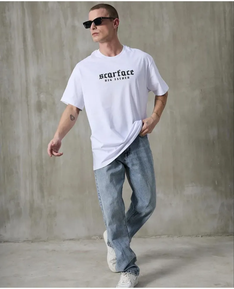 ERKEK Bisiklet Yaka Baskılı Oversize T-Shirt - Beyaz