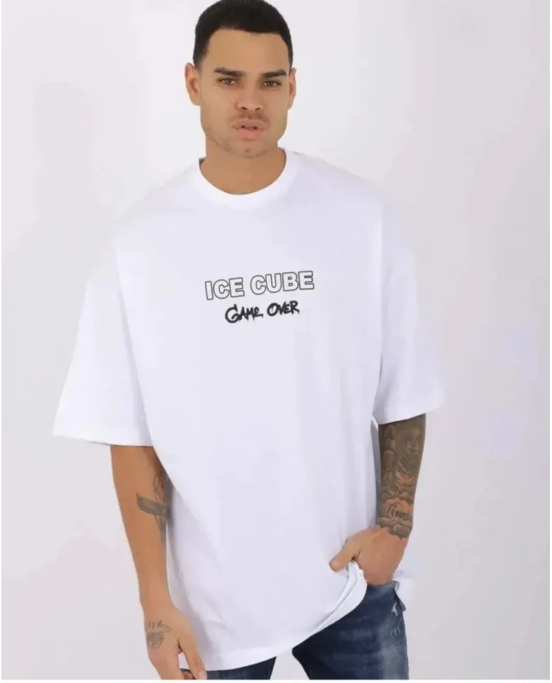 Erkek  Bisiklet Yaka Baskılı Oversize T-Shirt - Beyaz