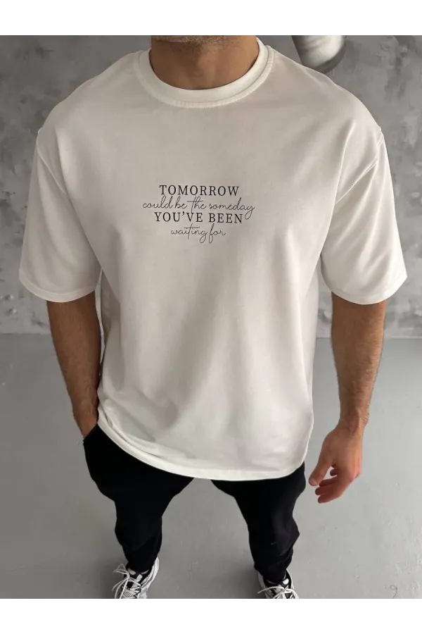 ERKEK Bisiklet Yaka Baskılı Oversize T-Shirt - Beyaz
