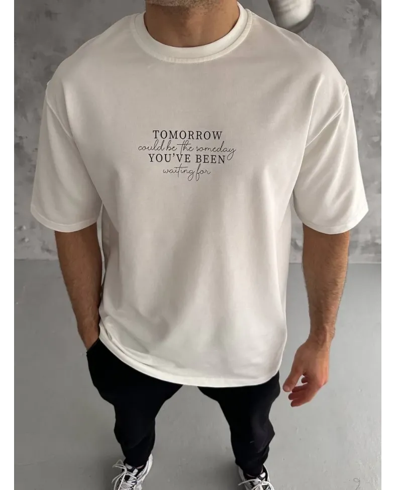 ERKEK Bisiklet Yaka Baskılı Oversize T-Shirt - Beyaz