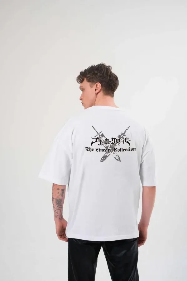 ERKEK Bisiklet Yaka Baskılı Oversize T-Shirt - Beyaz