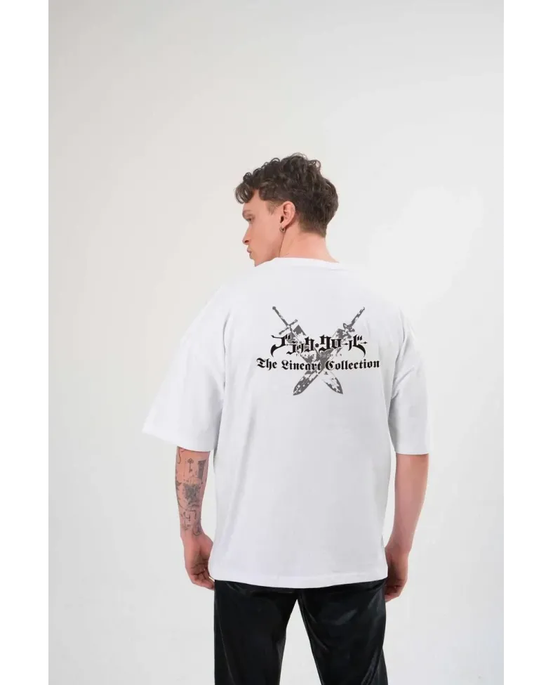 ERKEK Bisiklet Yaka Baskılı Oversize T-Shirt - Beyaz