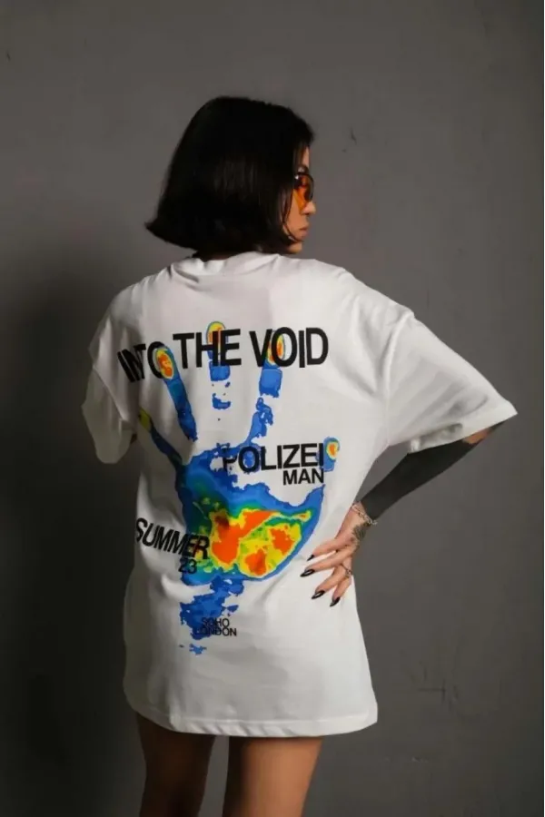 kadın Bisiklet Yaka Baskılı Oversize T-Shirt - Beyaz