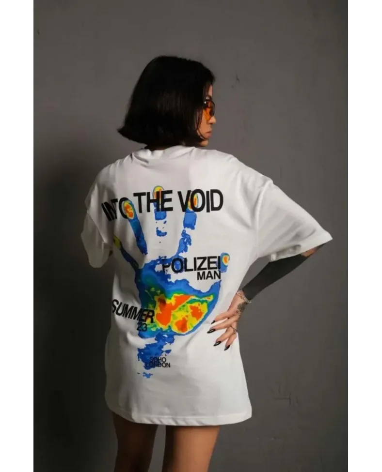 kadın Bisiklet Yaka Baskılı Oversize T-Shirt - Beyaz