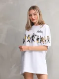 kadın  Bisiklet Yaka Baskılı Oversize T-Shirt - Beyaz