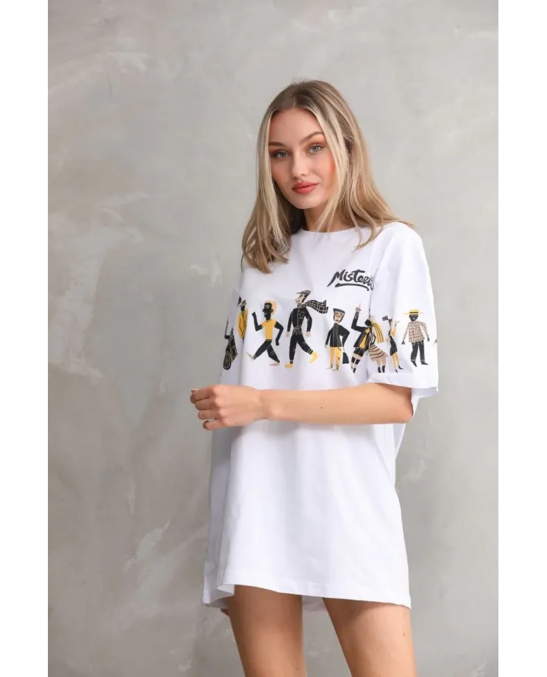 kadın  Bisiklet Yaka Baskılı Oversize T-Shirt - Beyaz
