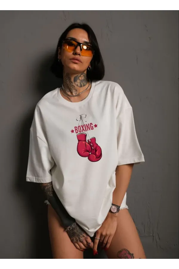 kadın  Bisiklet Yaka Baskılı Oversize T-Shirt - Beyaz