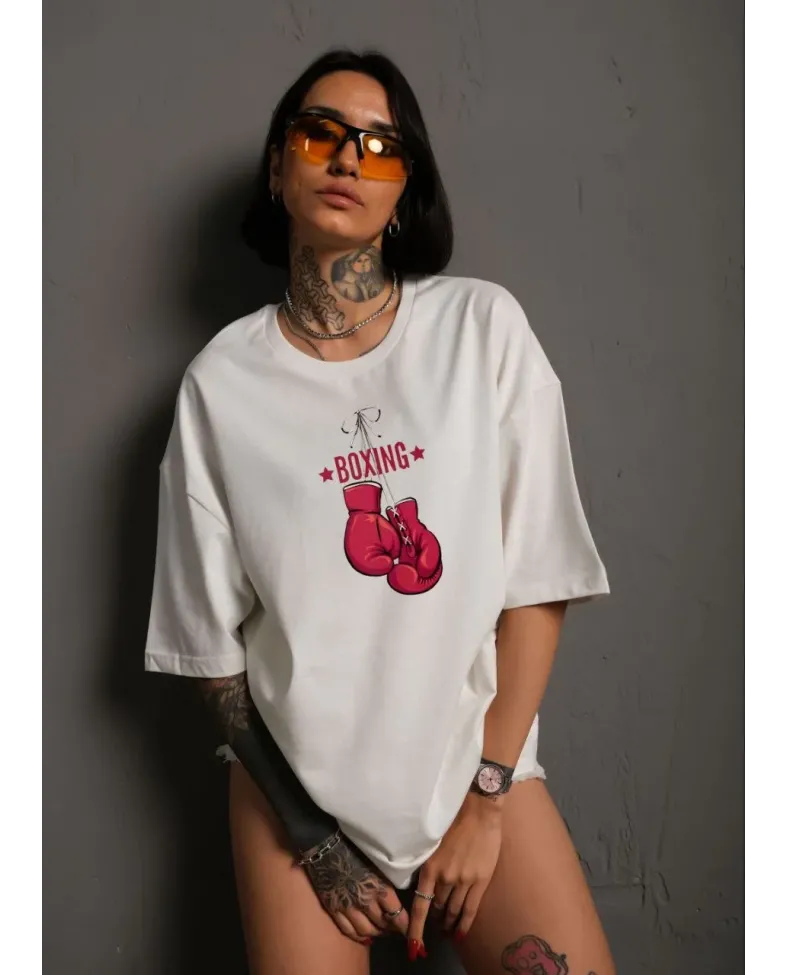 kadın  Bisiklet Yaka Baskılı Oversize T-Shirt - Beyaz