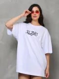 kadın Bisiklet Yaka Baskılı Oversize T-Shirt - Beyaz