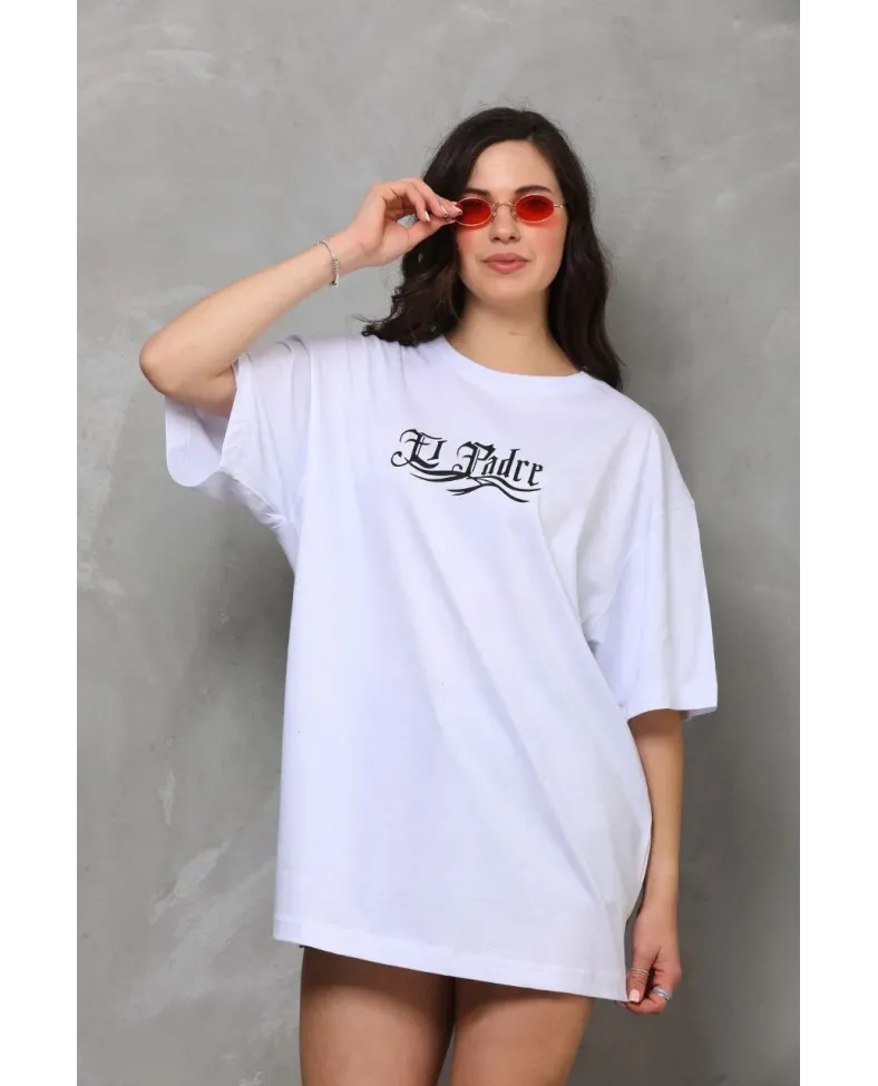 kadın Bisiklet Yaka Baskılı Oversize T-Shirt - Beyaz