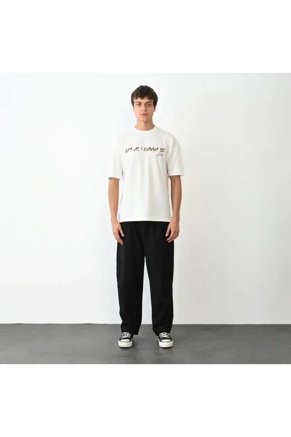 Erkek  Bisiklet Yaka Baskılı Oversize T-Shirt - Beyaz