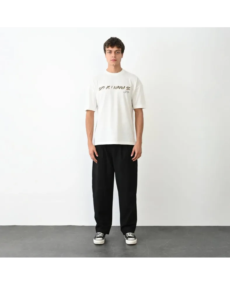 Erkek  Bisiklet Yaka Baskılı Oversize T-Shirt - Beyaz