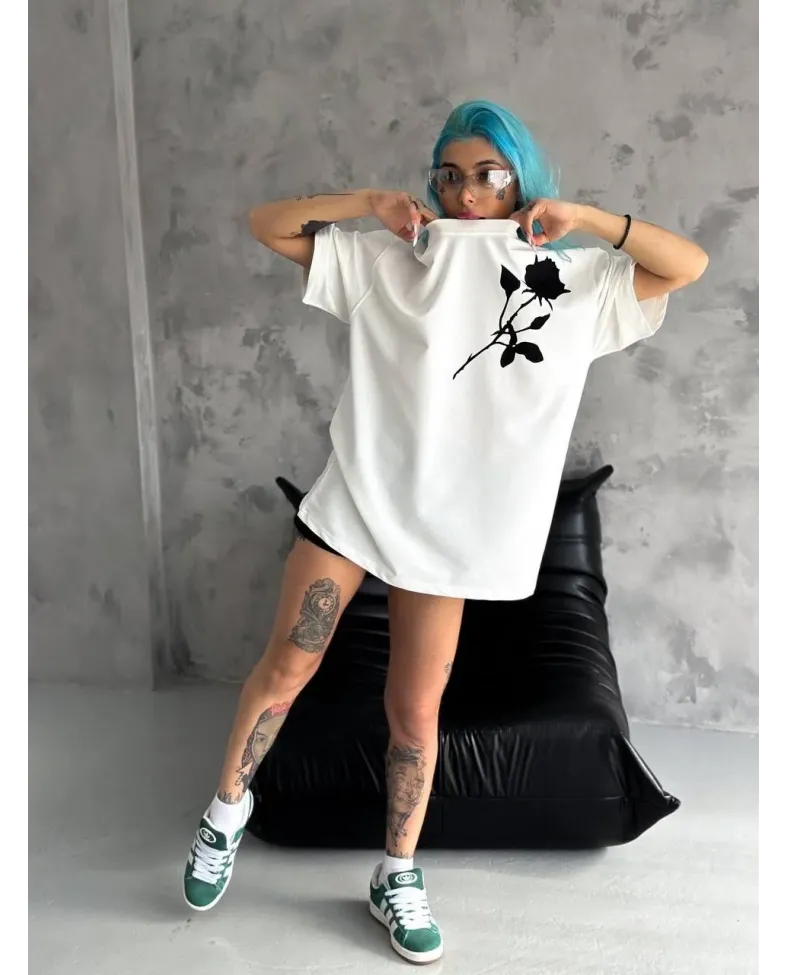 kadın  Bisiklet Yaka Baskılı Oversize T-Shirt - Beyaz