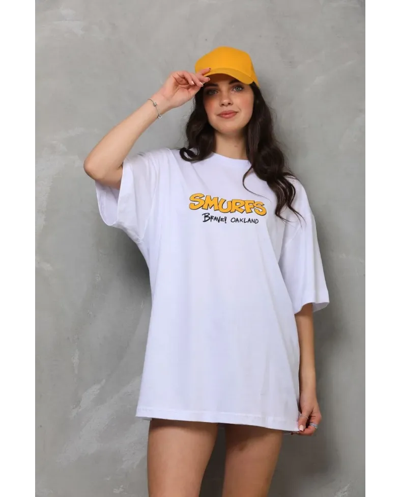 kadın Bisiklet Yaka Baskılı Oversize T-Shirt - Beyaz