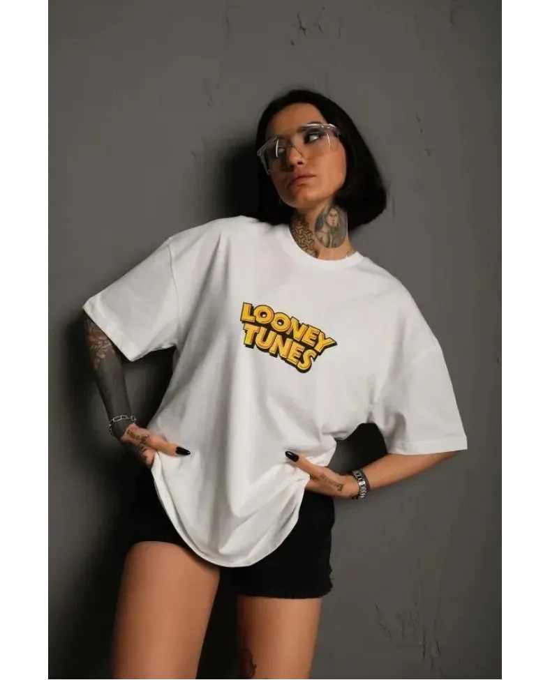 kadın Bisiklet Yaka Baskılı Oversize T-Shirt - Beyaz