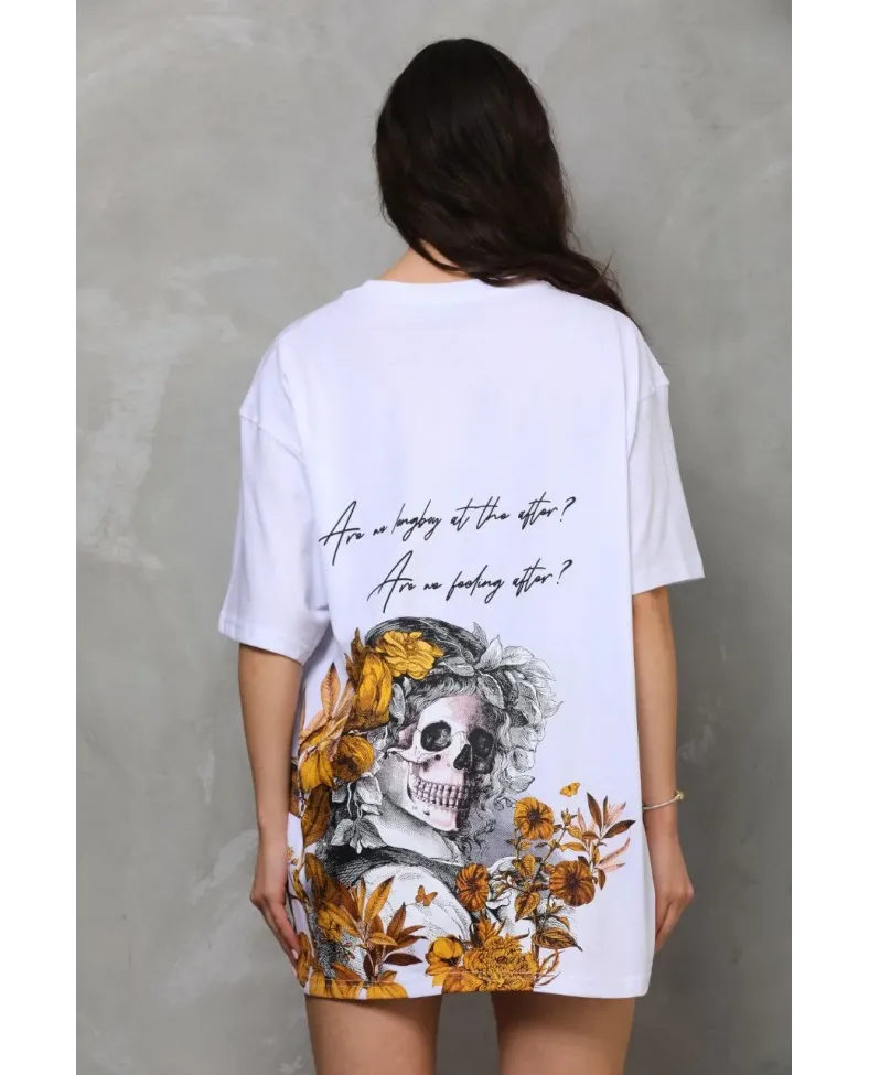 kadın Bisiklet Yaka Baskılı Oversize T-Shirt - Beyaz