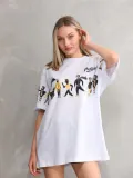 kadın  Bisiklet Yaka Baskılı Oversize T-Shirt - Beyaz
