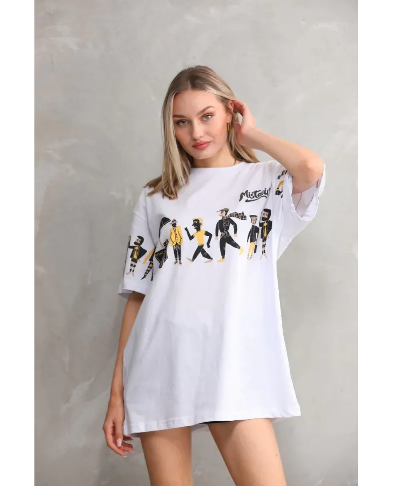 kadın  Bisiklet Yaka Baskılı Oversize T-Shirt - Beyaz