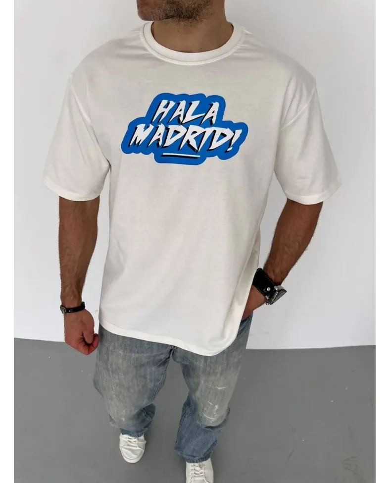Erkek  Bisiklet Yaka Baskılı Oversize T-Shirt - Beyaz