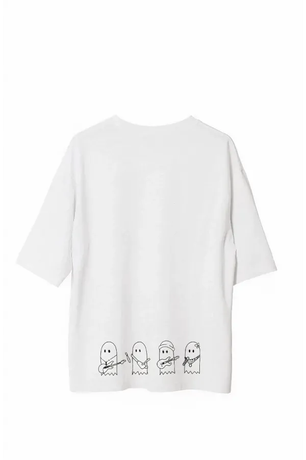 Erkek Bisiklet Yaka Baskılı Oversize T-Shirt - Beyaz