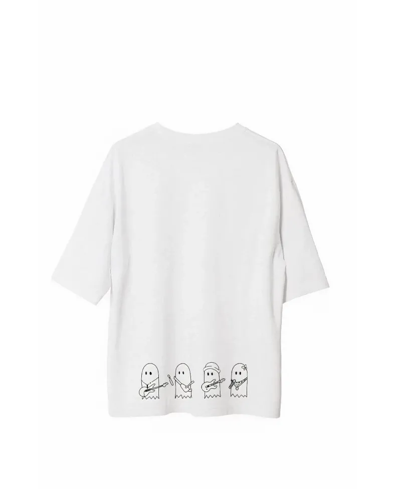 Erkek Bisiklet Yaka Baskılı Oversize T-Shirt - Beyaz