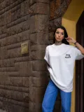 kadın Bisiklet Yaka Baskılı Oversize T-Shirt - Beyaz