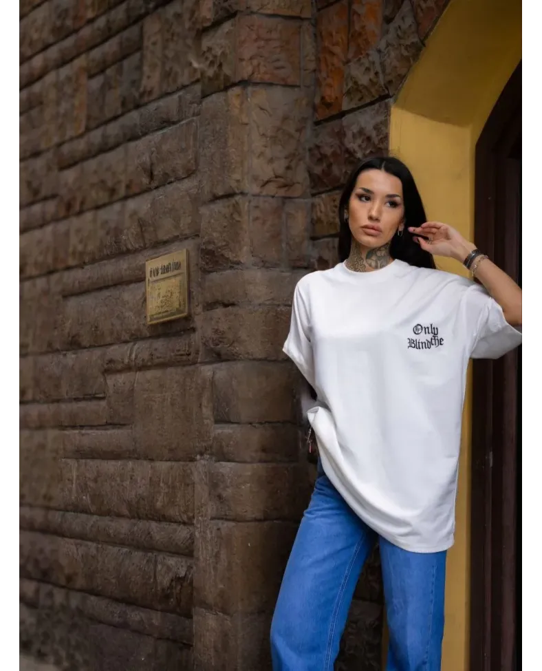 kadın Bisiklet Yaka Baskılı Oversize T-Shirt - Beyaz