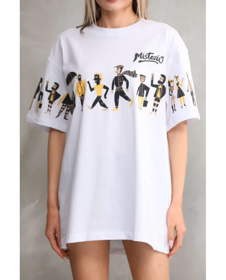 kadın  Bisiklet Yaka Baskılı Oversize T-Shirt - Beyaz