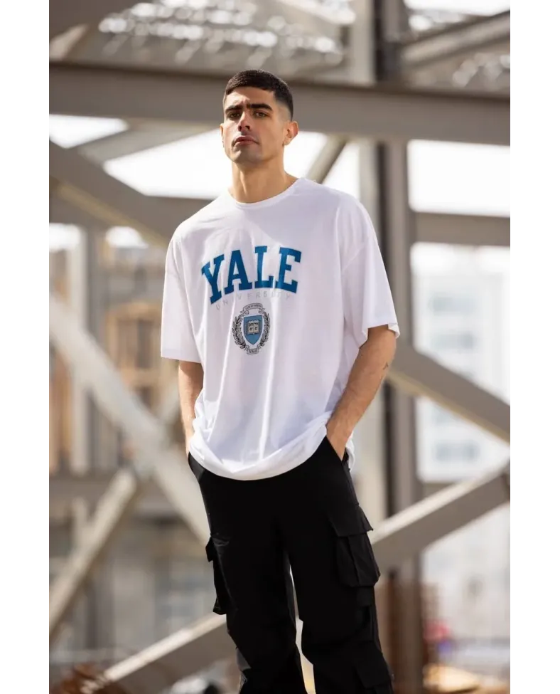 Unisex Bisiklet Yaka Baskılı Oversize T-Shirt - Beyaz