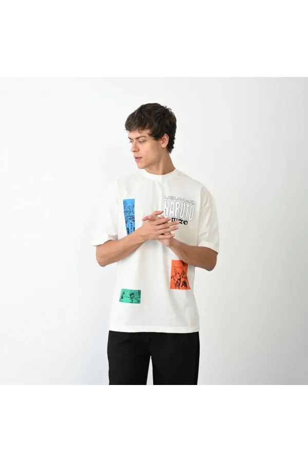 Erkek  Bisiklet Yaka Baskılı Oversize T-Shirt - Beyaz