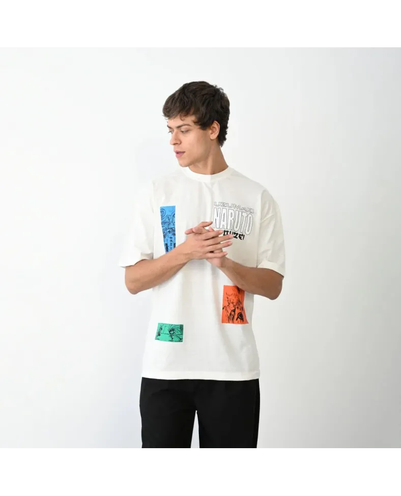 Erkek  Bisiklet Yaka Baskılı Oversize T-Shirt - Beyaz