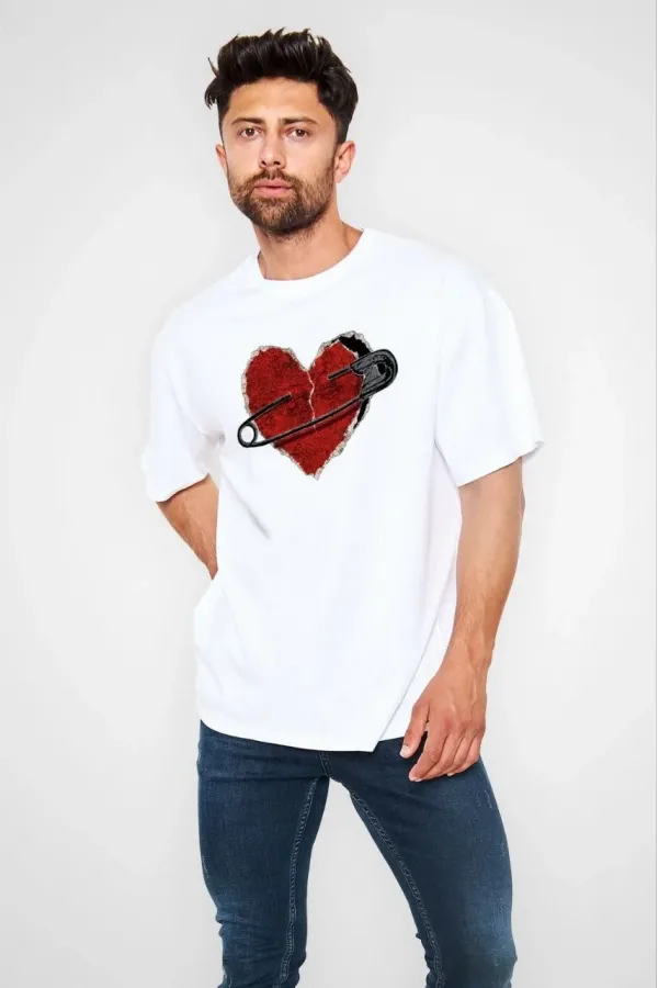 Erkek Bisiklet Yaka Baskılı Oversize T-Shirt - Beyaz