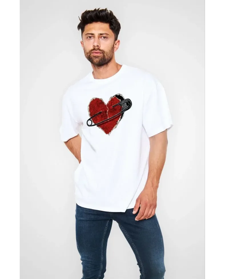 Erkek Bisiklet Yaka Baskılı Oversize T-Shirt - Beyaz