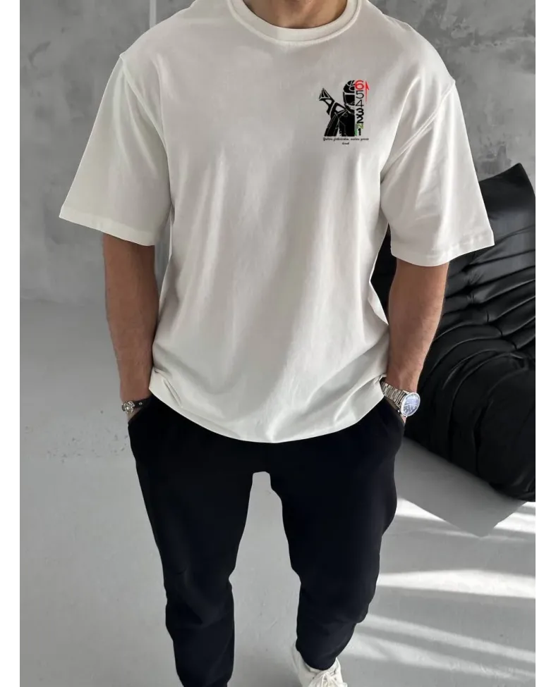 Erkek  Bisiklet Yaka Baskılı Oversize T-Shirt - Beyaz