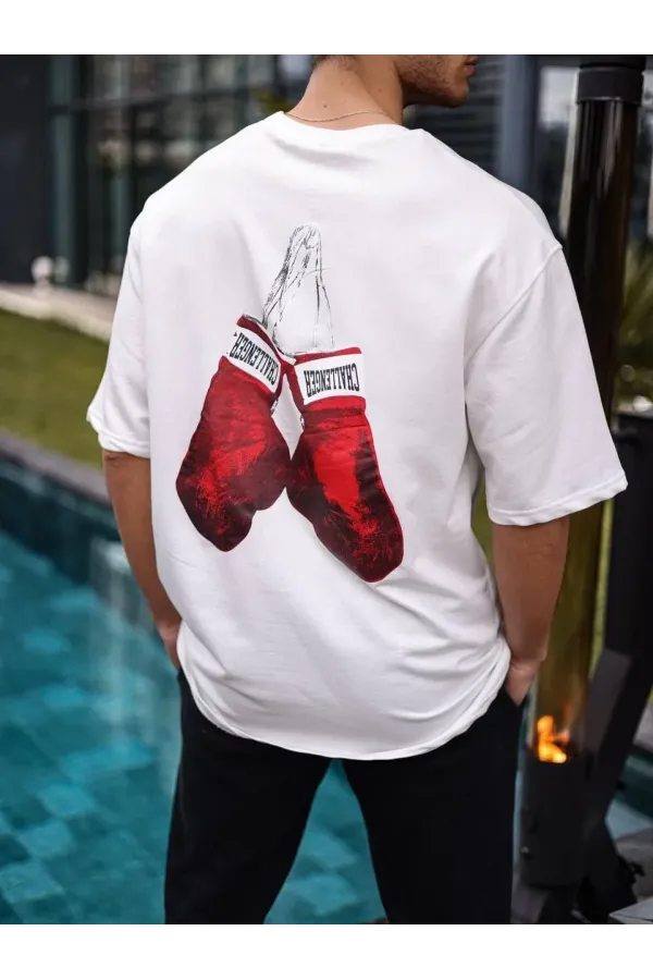 Erkek Bisiklet Yaka Baskılı Oversize T-Shirt - Beyaz