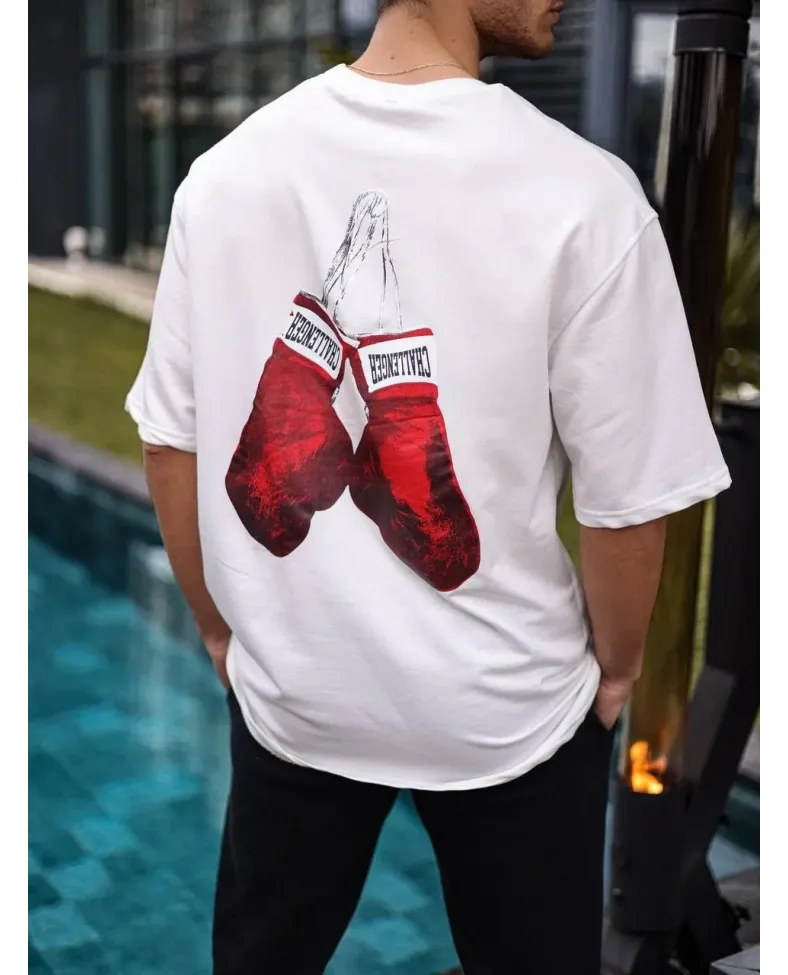 Erkek Bisiklet Yaka Baskılı Oversize T-Shirt - Beyaz