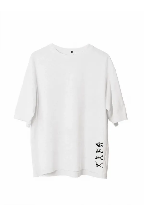 Erkek  Bisiklet Yaka Baskılı Oversize T-Shirt - Beyaz