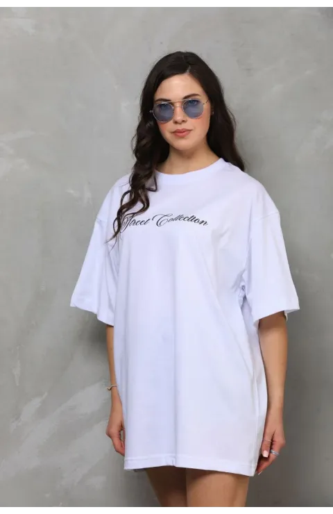 Kadın Baskılı T-Shirt Kısa Kol Bisiklet Yaka  Ovarsize Rahat Kalıp Günlük Tişört  - Beyaz