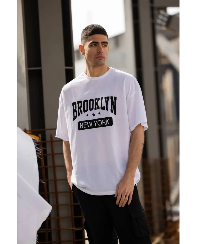 ERKEK Bisiklet Yaka Baskılı Oversize T-Shirt - Beyaz