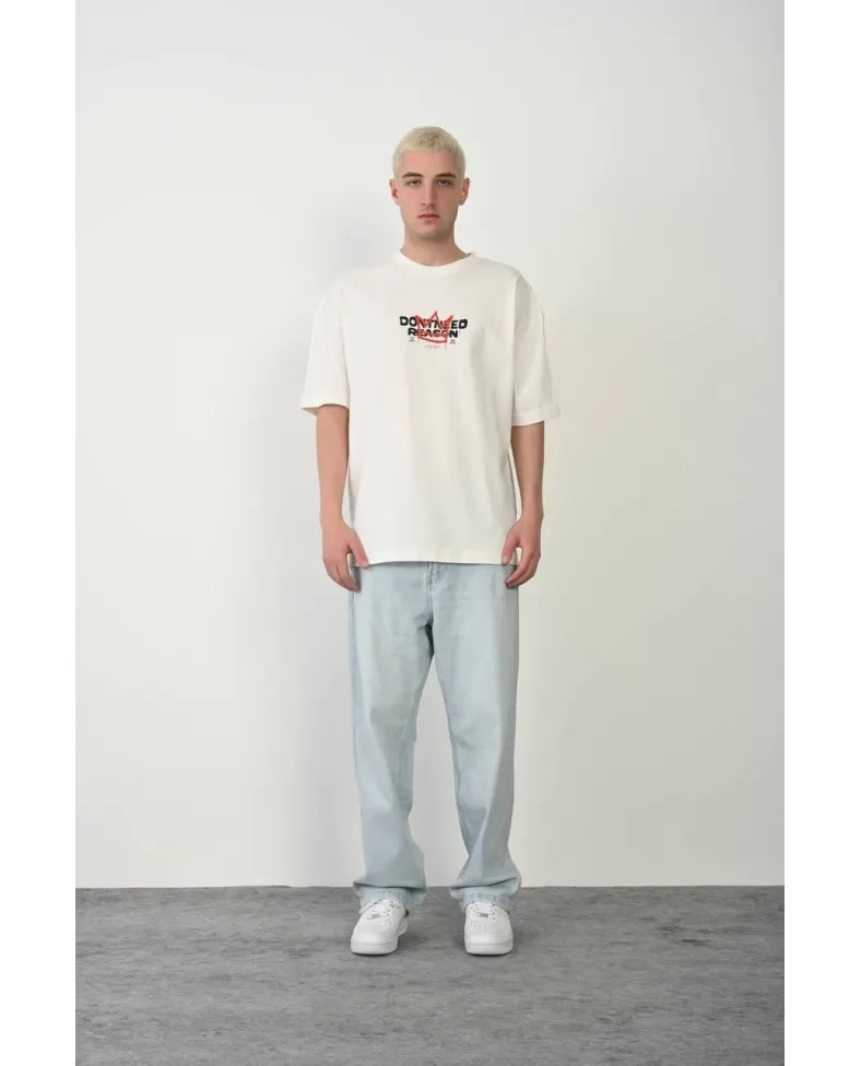 Erkek Bisiklet Yaka Baskılı Oversize - Beyaz