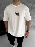 ERKEK Bisiklet Yaka Örümcek Baskılı Oversize T-Shirt - Beyaz