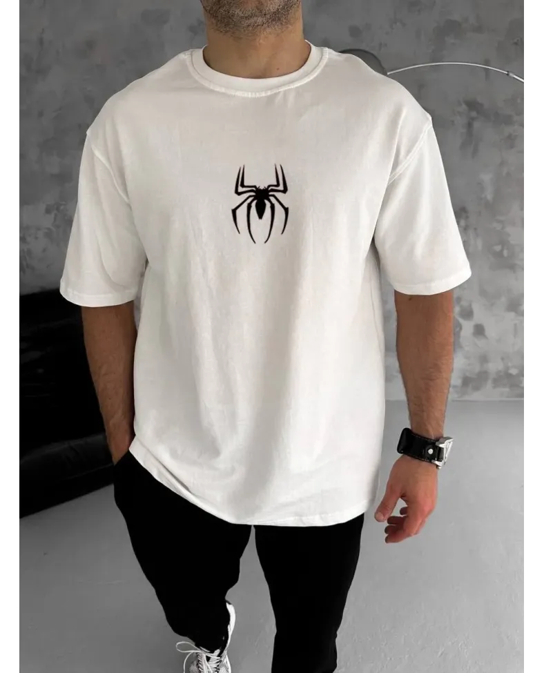 ERKEK Bisiklet Yaka Örümcek Baskılı Oversize T-Shirt - Beyaz