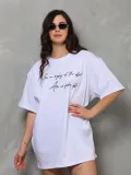 kadın Bisiklet Yaka Baskılı Oversize T-Shirt - Beyaz