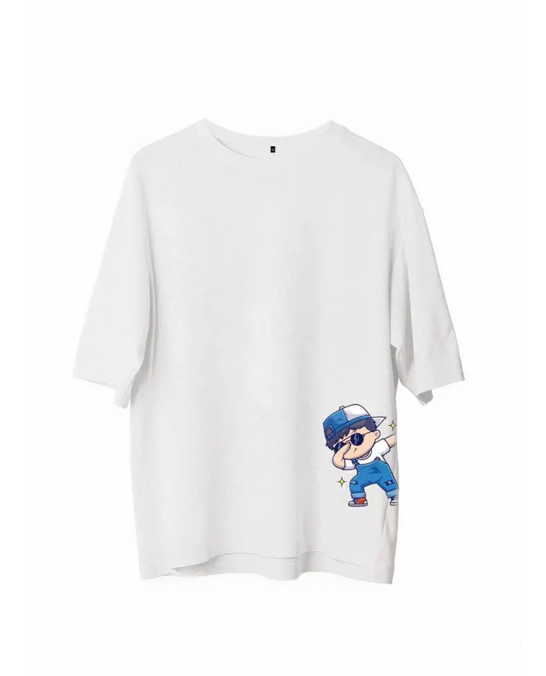 Erkek Bisiklet Yaka Baskılı Oversize T-Shirt - Beyaz