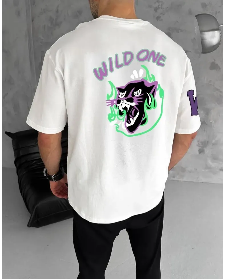 Erkek  Bisiklet Yaka Baskılı Oversize T-Shirt - Beyaz